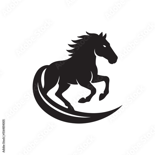A black silhouette of a horse rearing up over a crescent shape on a white background