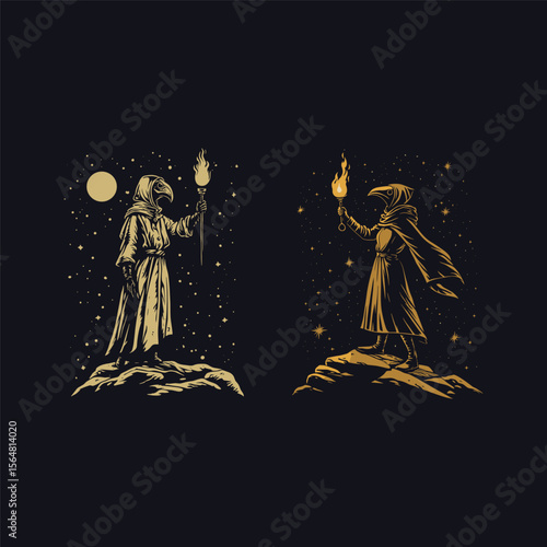 plague doctor woman holding torch at night standing on rock design vector template illustration