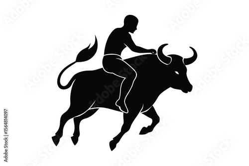 Bull riding black silhouette icon on white background