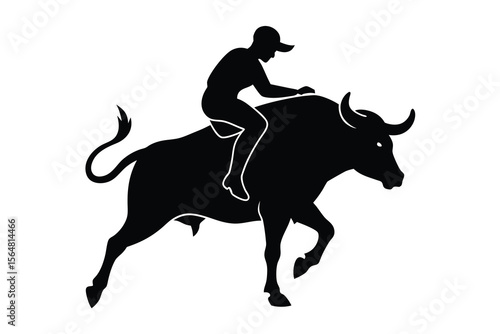 A bull man riding silhouette on white background