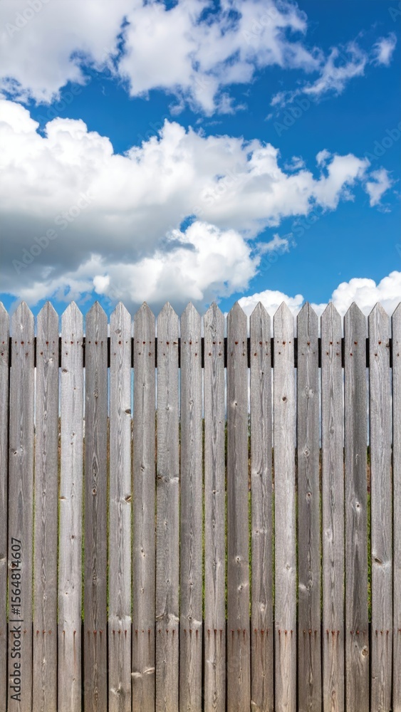 Weathered Wooden Fence Against Blue Sky with Fluffy White Clouds and Natural Sunlight Weathered Wooden Fence Against Blue Sky with Fluffy White Clouds and Natural Sunlight