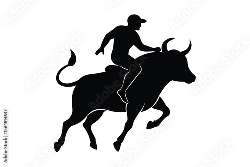 A bull man riding a aggressive bull silhouette on white background