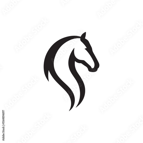 Stylized black and white illustration of a horse head with flowing mane design
