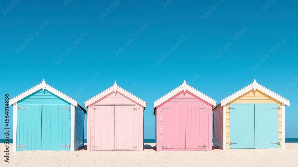 Naklejka premium Colorful Beach Huts in a Row Under a Bright Blue Sky by the Ocean