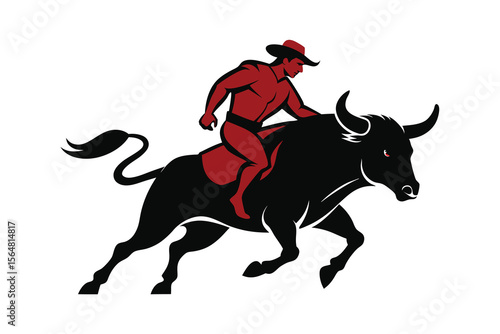 A bull man riding a aggressive bull silhouette on white background