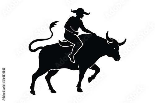 A bull man riding a aggressive bull silhouette on white background