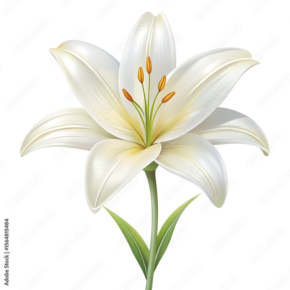 Fototapeta premium A beautiful white lily flower with a green stem is isolated on transparent background