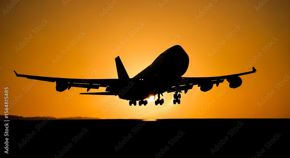 Fototapeta premium Majestic silhouette of a large jet airplane descending against a vibrant sunset sky, capturing the essence of air travel and adventure.