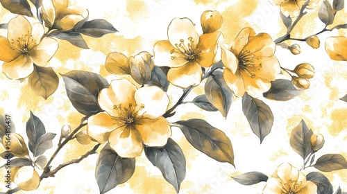 Elegant Watercolor Yellow Flowers Botanical Seamless Pattern