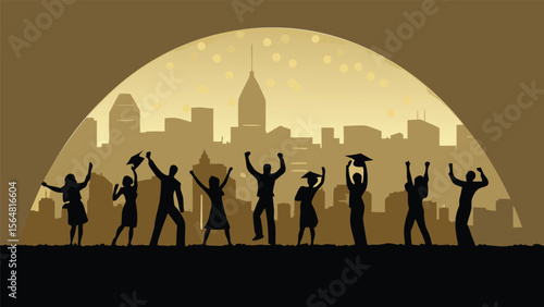 Silhouette of celebrating graduates with cityscape background under a golden arch light