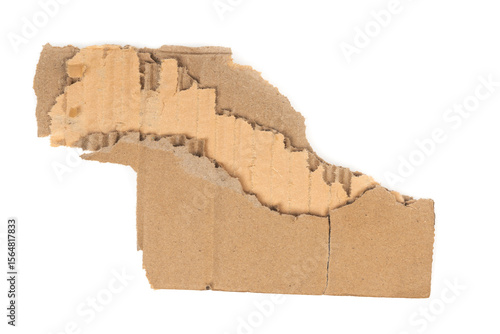 Ripped cardboard paper scraps. Piece of torn cardboard isolated on white background. damaged carton top view. Kraft paper. clipping path.