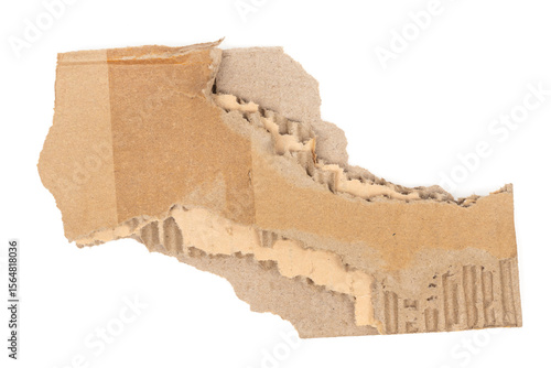 Ripped cardboard paper scraps. Piece of torn cardboard isolated on white background. damaged carton top view. Kraft paper. clipping path.