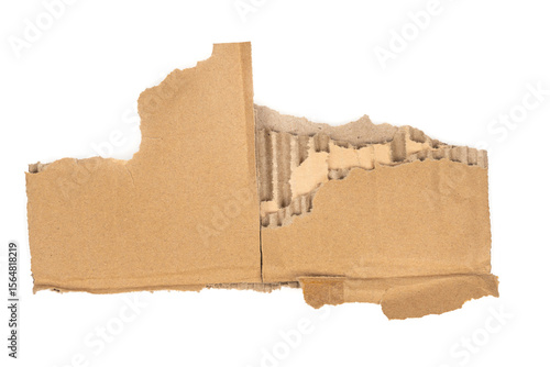 Ripped cardboard paper scraps. Piece of torn cardboard isolated on white background. damaged carton top view. Kraft paper. clipping path.