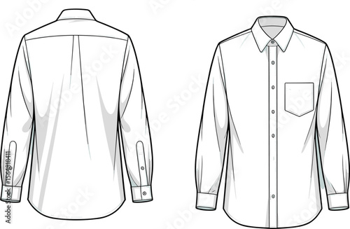 Classic men's dress shirt technical sketch, front and back view, long sleeve design, CAD flat illustration, vector template drawing