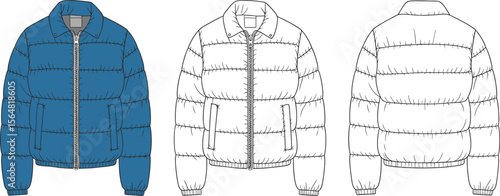 Vector fashion cad drawing of puffer jacket, front back technical sketch, winter coat flat sketch, apparel design template illustration