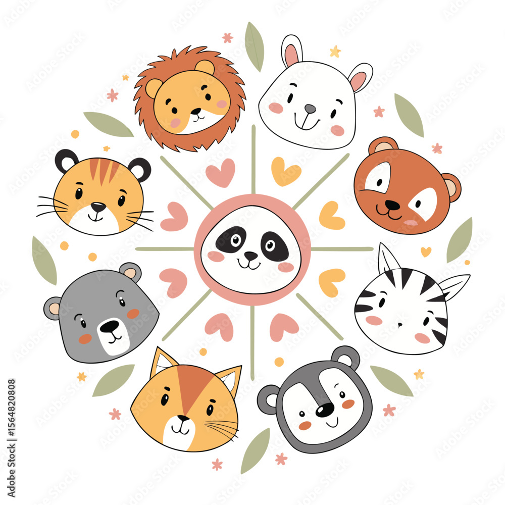 Fototapeta premium Cute animal faces circle design cartoon