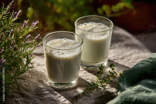 Two glasses of buttermilk with bubbles on the surface