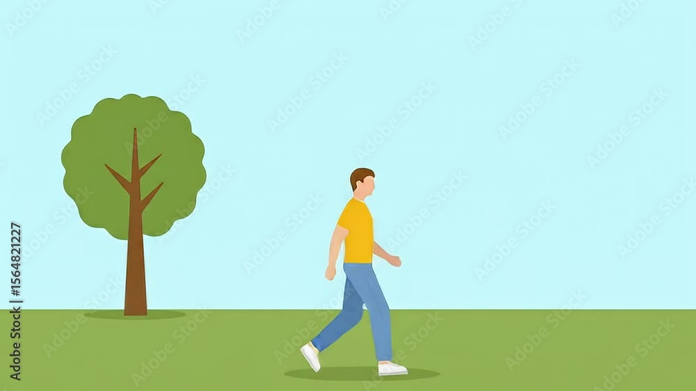 Animated Man Walking Past Tree on Green Grass in Sunny Day Animated Man Walking Past Tree on Green Grass in Sunny Day