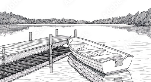 Black and White Line Art Illustration of Serene Lake with Wooden Dock and Rowboat
