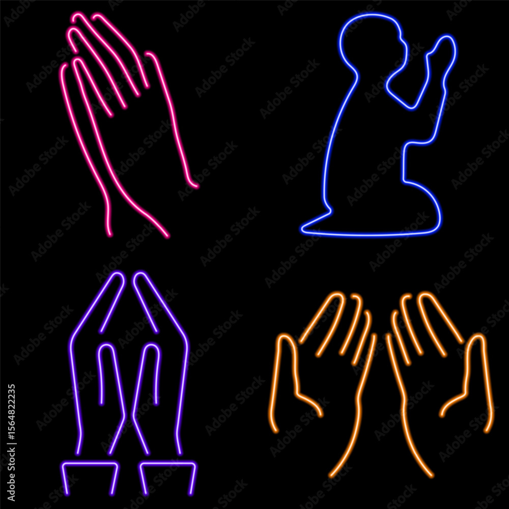 Fototapeta premium prayer hand neon icon group, vector illustration on black background.