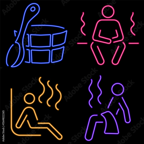 sauna neon icon group, vector illustration on black background.