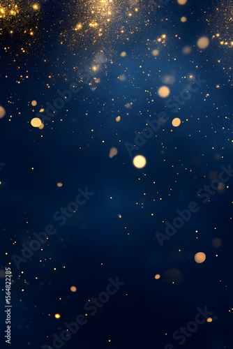 Abstract dark blue and gold particle background with Christmas golden light bokeh, shining particles on navy blue, gold foil texture, festive holiday concept