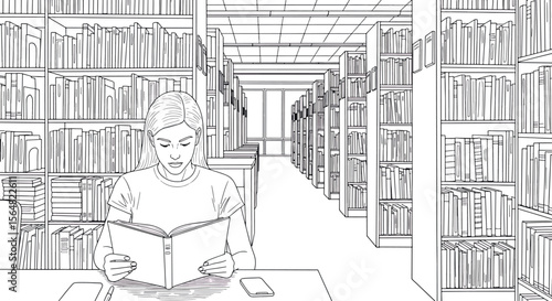Female Student Reading Book in Library - Line Art Illustration