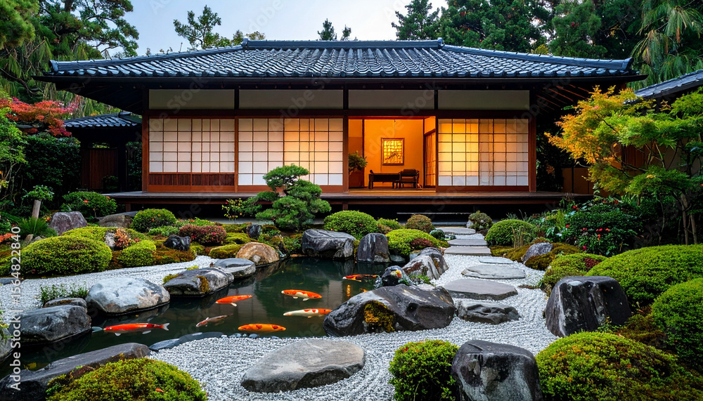 Obraz premium Japanese style house with pond and traditional koi fish in garden