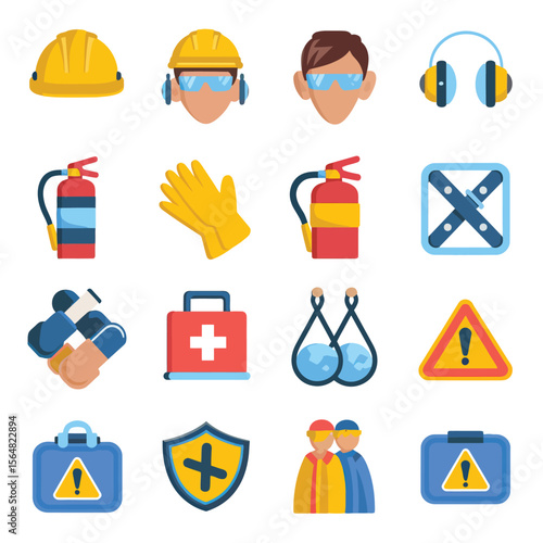 2d vector illustration safety icons , Civil protection and safety when working and taking safety