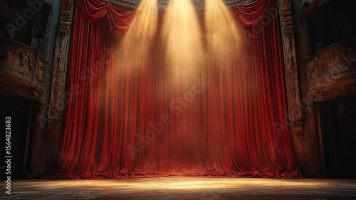 A red curtain with lights shining on it, creating a dramatic and theatrical atmosphere. The curtain is wide open, revealing a stage