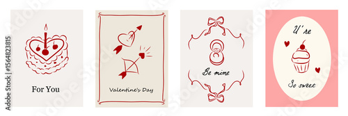Set of vintage greeting cards for Valentine's Day in coquette style. Romantic border with ribbon frame invitation, bow in the la Dolce Vita aesthetic. Vector doodle hand drawn whimsical illustration.