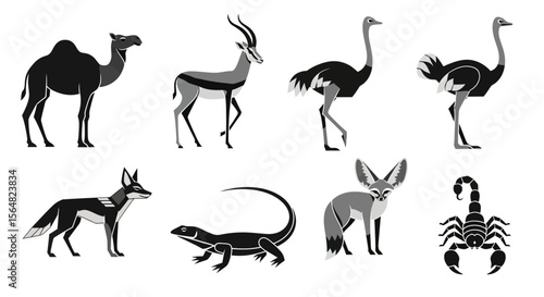 Vector explore desert wildlife illustration featuring camel gazelle ostrich jackal lizard fennec fox and scorpion icons