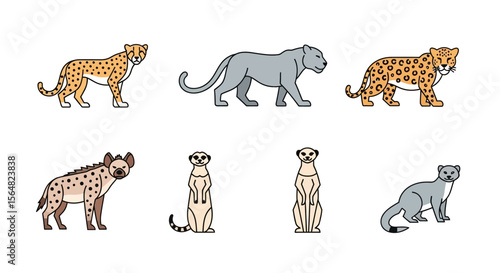 Vector illustration of african animals cheetah panther leopard hyena meerkat ferret wildlife vector drawing art