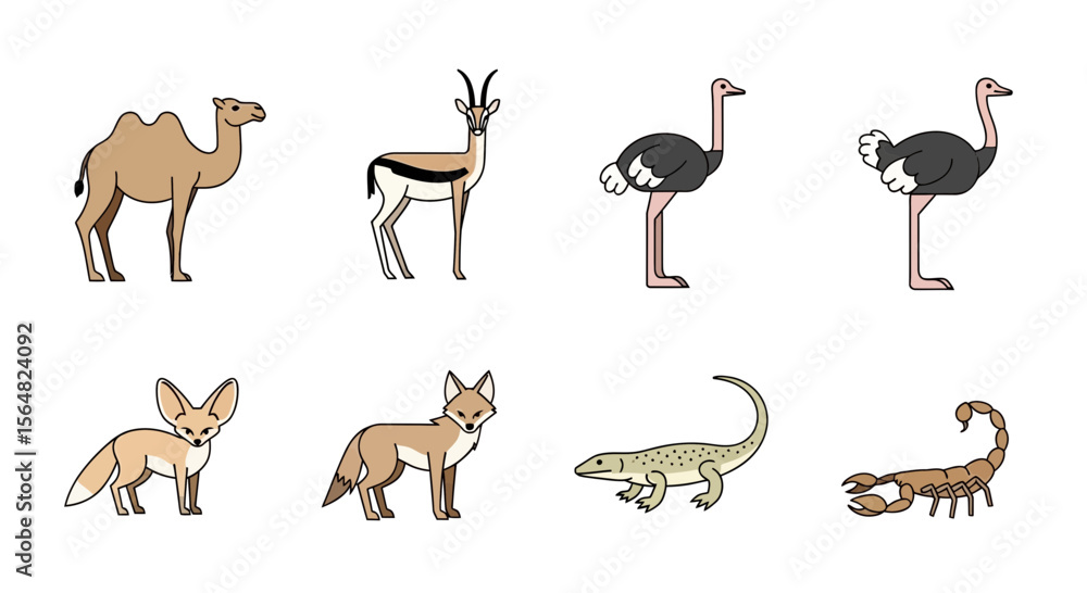 Fototapeta premium Vector illustration of desert animals camel gazelle ostrich fox jackal lizard and scorpion wildlife fauna drawing