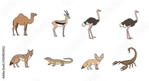 Vector explore desert animals vector art featuring camel gazelle ostrich fox lizard scorpion and desert wildlife art