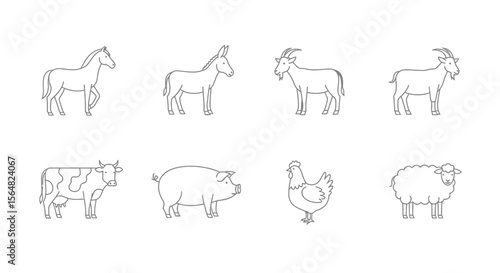 Vector farm animals line art vector illustration set featuring horse donkey goat cow pig chicken and sheep isolated on white