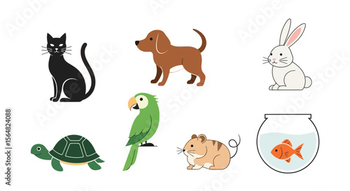 Vector collection of cute pets vector illustration featuring cat dog rabbit parrot turtle hamster and goldfish bowl