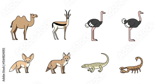 Vector illustration of desert animals camel gazelle ostrich fox jackal lizard and scorpion wildlife fauna drawing