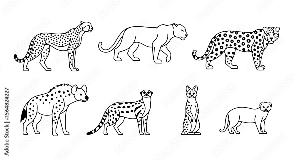 Obraz premium Vector vector illustration of african wildlife animals cheetah leopard hyena meerkat serval and weasel outline art