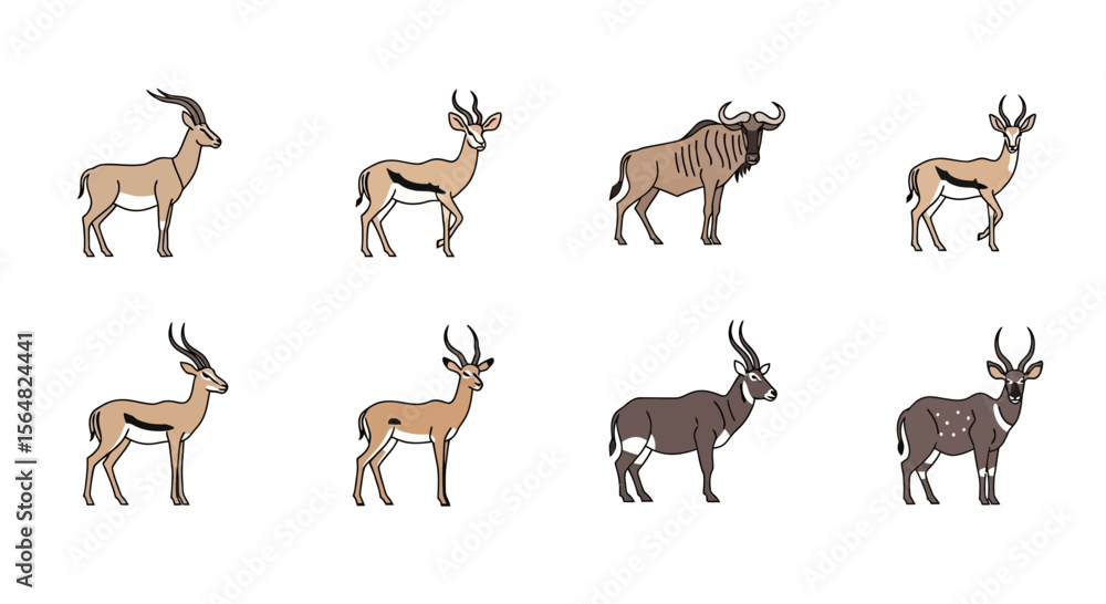 Fototapeta premium Vector illustration of african wildlife animals including gazelle springbok wildebeest and waterbuck vector drawing