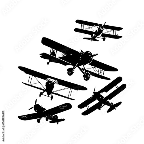 Set of Biplane Silhouettes Clipart White Background