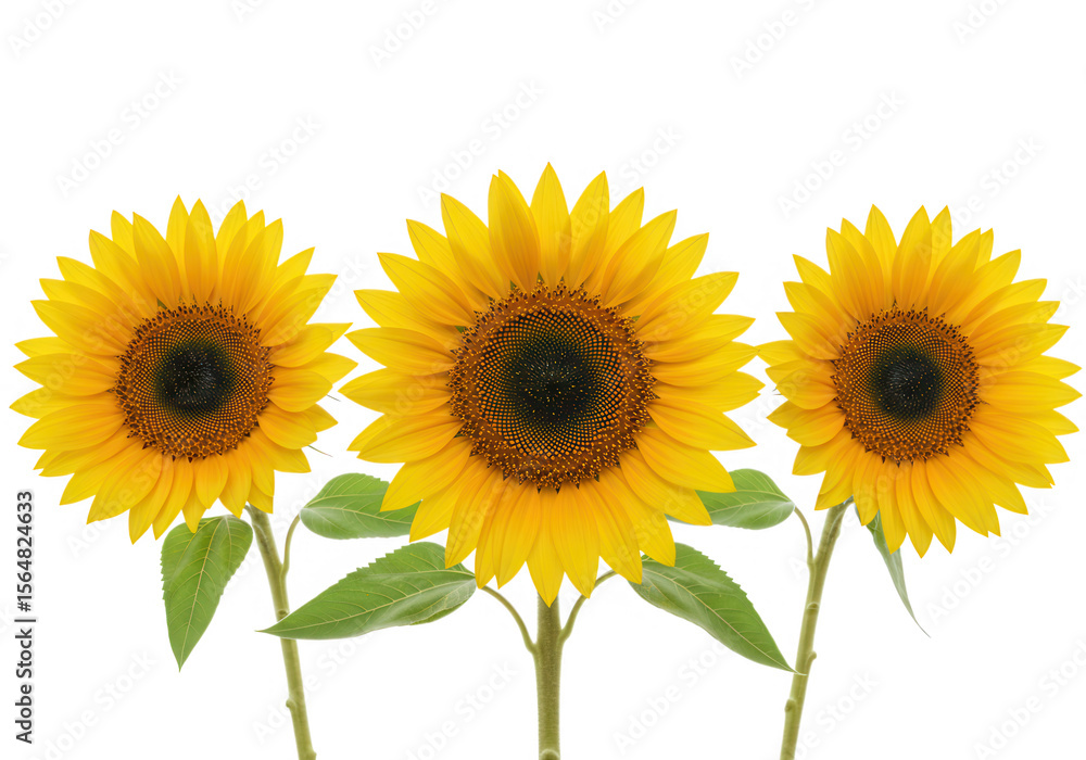 Obraz premium Three bright yellow sunflowers with green leaves are isolated on a transparent background