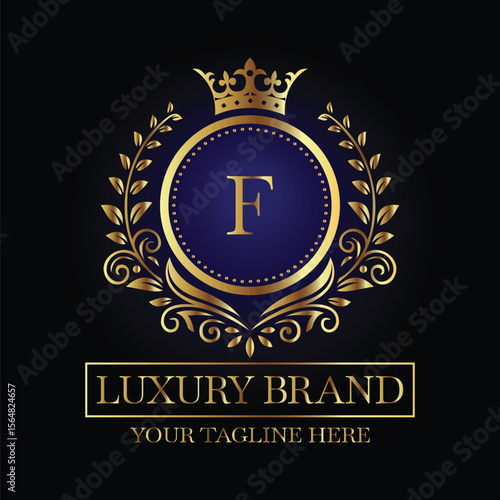 Luxurious Emblem Design with Gold Letter F and Crown on Black Background