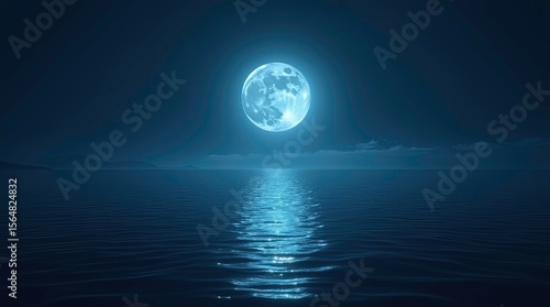 A glowing moonrise over a dark, tranquil ocean, with the moonlight casting a silver path on the water surface, the peaceful ambiance of the scene.