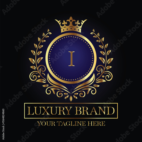 Luxurious Emblem Design with Gold Letter I and Crown on Black Background