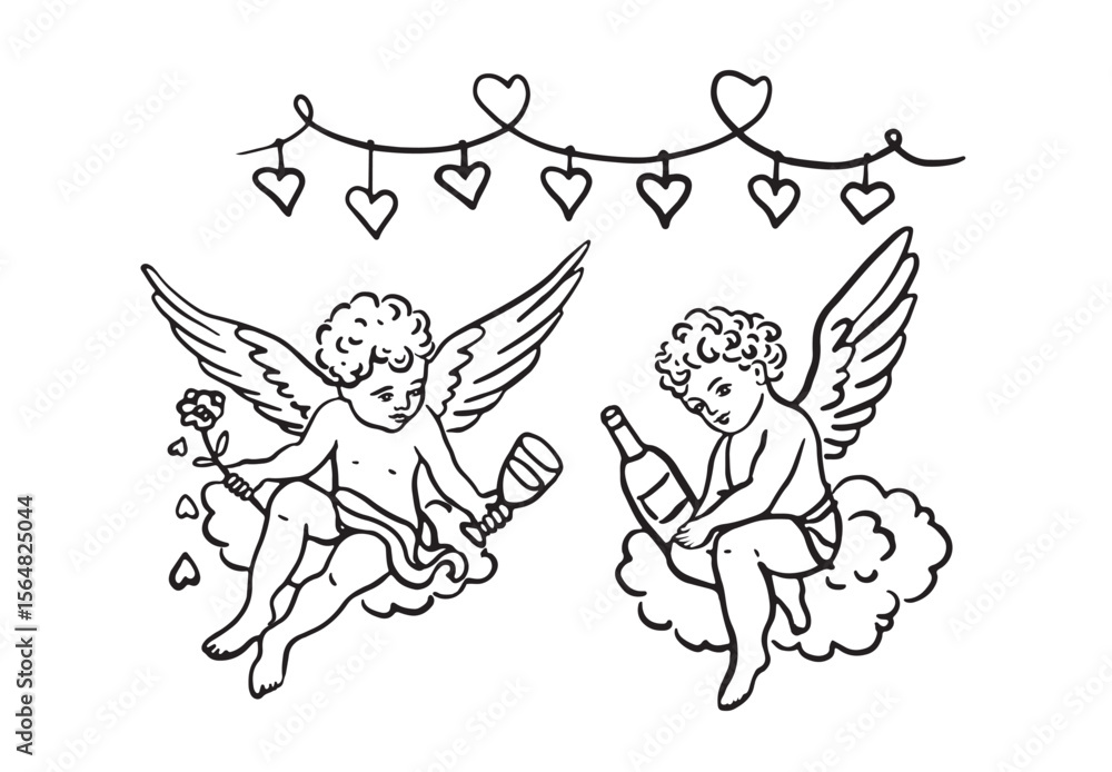 Obraz premium Cupids with glasses, a funny hand-drawn illustration. Love and valentine's day symbol. Isolated vector black hand drawn image.