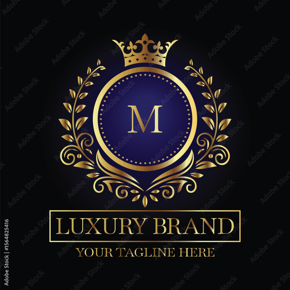 Fototapeta premium Luxurious Emblem Design with Gold Letter M and Crown on Black Background