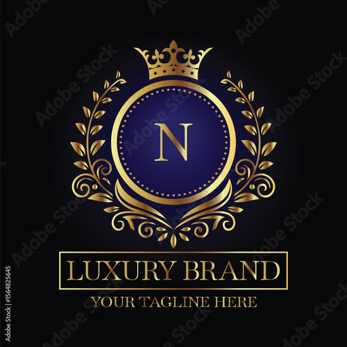 Luxurious Emblem Design with Gold Letter N and Crown on Black Background