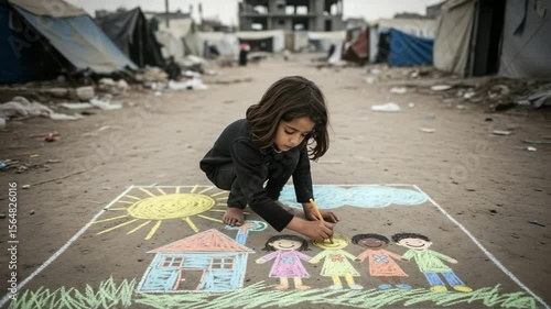 Child drawing a diverse family and house with chalk on dusty ground in a refugee camp, symbolizing hope, childhood dreams, and resilience amidst hardship