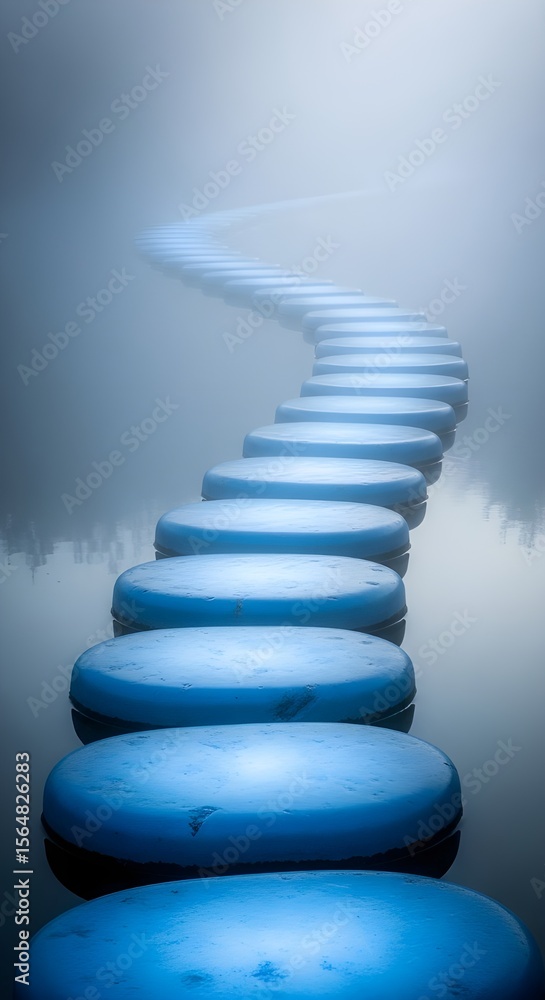 Fototapeta premium Stepping Stones Path into the Mist - Serene and Mysterious Journey Concept with a Path over Calm Water into Fog